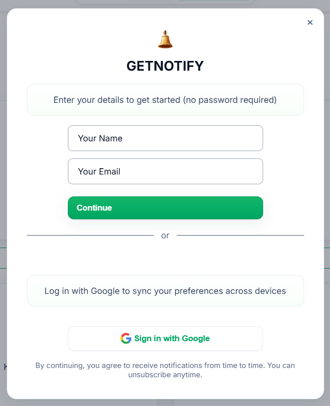 GETNOTIFY Login Modal